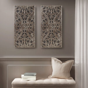 Distressed Carved Wood 2-Piece Wall Decor Set – Lotus Flower Pattern in Antique Bronze & Silver Finish, Textured Botanical Design for Living Room, Dining Room, or Entryway