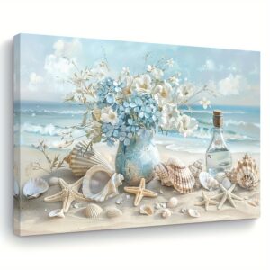 1PC Blue Vase Floral Canvas Painting – Framed Wooden Wall Art with Shell & Ocean Theme | Home, Office, and Living Room Decor
