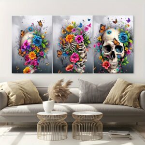 3-Piece Skull Canvas Wall Art – Framed Abstract Minimalist Painting Set for Living Room, Bedroom & Bathroom Decor