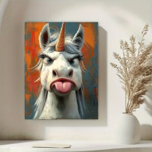 Framed Unicorn Canvas Wall Art – Whimsical Cartoon Painting with Wooden Frame for Living Room, Bedroom & Home Office Decor